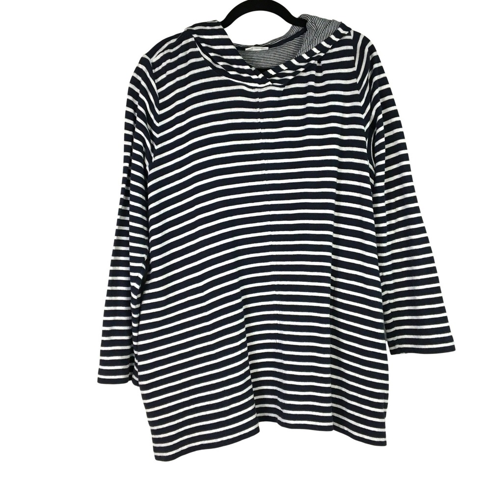 J Jill Navy Blue White Striped Cotton Hoodie Pullover‎ Sweater Large